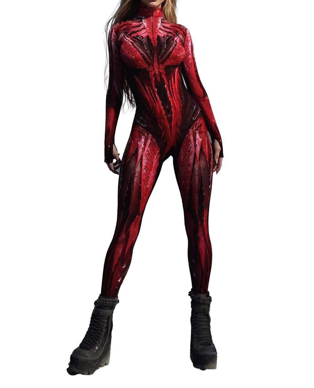 Cyberpunk Red Alien Armor Bodysuit Sci-Fi Spandex Catsuit Cosplay NWOT Halloween